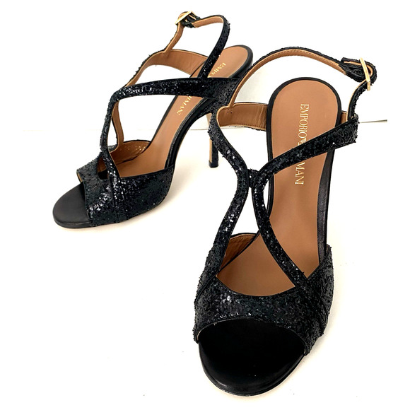 NWOB Emporio Armani Sandal Black Glitter Slim Heel Strappy Open Toe 36.5 6.5 - Picture 6 of 9